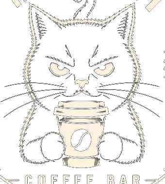 The Mad Cat — a grumpy black cat clutching a coffee cup